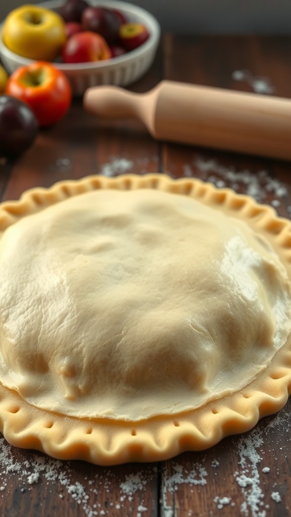 Perfect Pie Crust Recipe A golden brown flaky pie crust on a wooden table with fresh fruits and a rolling pin.